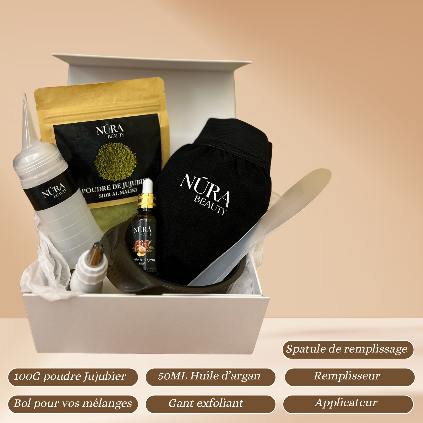 Poudre de jujubier 100g +
Huile d'argan 50ml NURA BEAUTY Accessoires Coffret routine 60j (Copie)